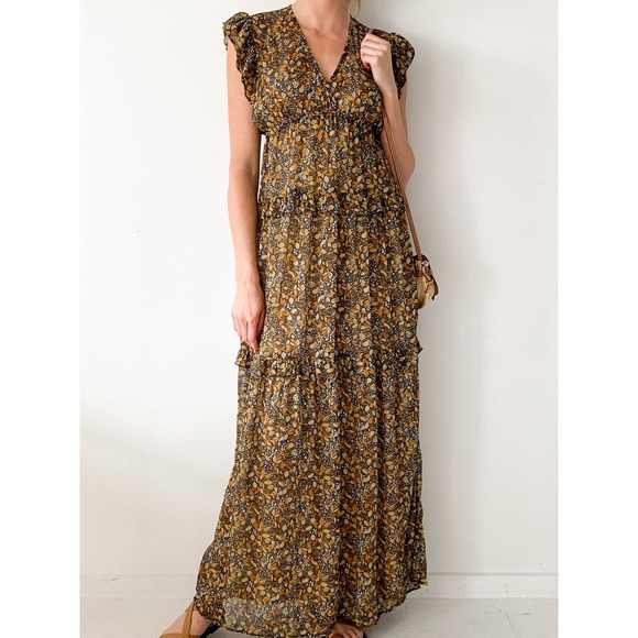 BA&SH Samantha Ruffled Printed Georgette Maxi Tiered Dress in Carbone 242/040 - Picture 10 of 14